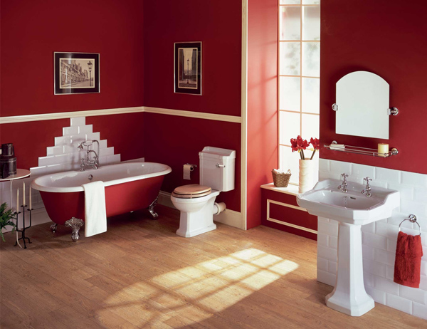 Red-bathroom-design-with-tidy-position-of-the-white-furniture-and-bright-light-from-the-windo